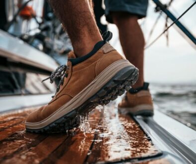 Durable non-slip shoes on a wet boat deck, showcasing the best sailing shoes for active sailors.