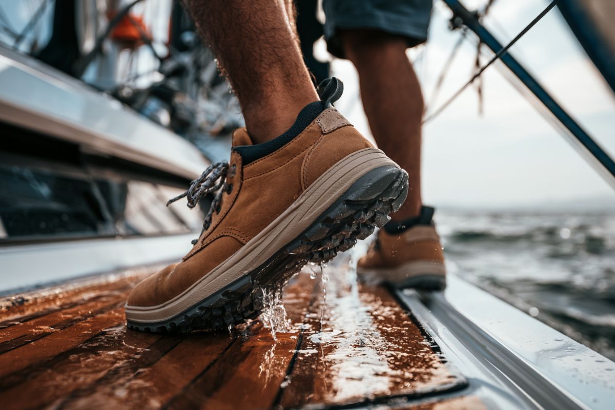 Durable non-slip shoes on a wet boat deck, showcasing the best sailing shoes for active sailors.