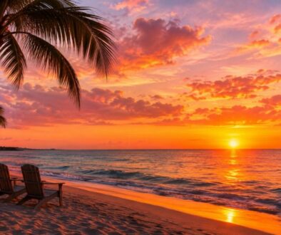 Vibrant beach sunset with palm trees and chairs, a classic view of sunsets in Florida.