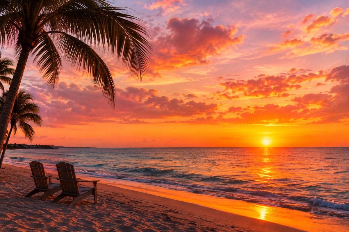Vibrant beach sunset with palm trees and chairs, a classic view of sunsets in Florida.