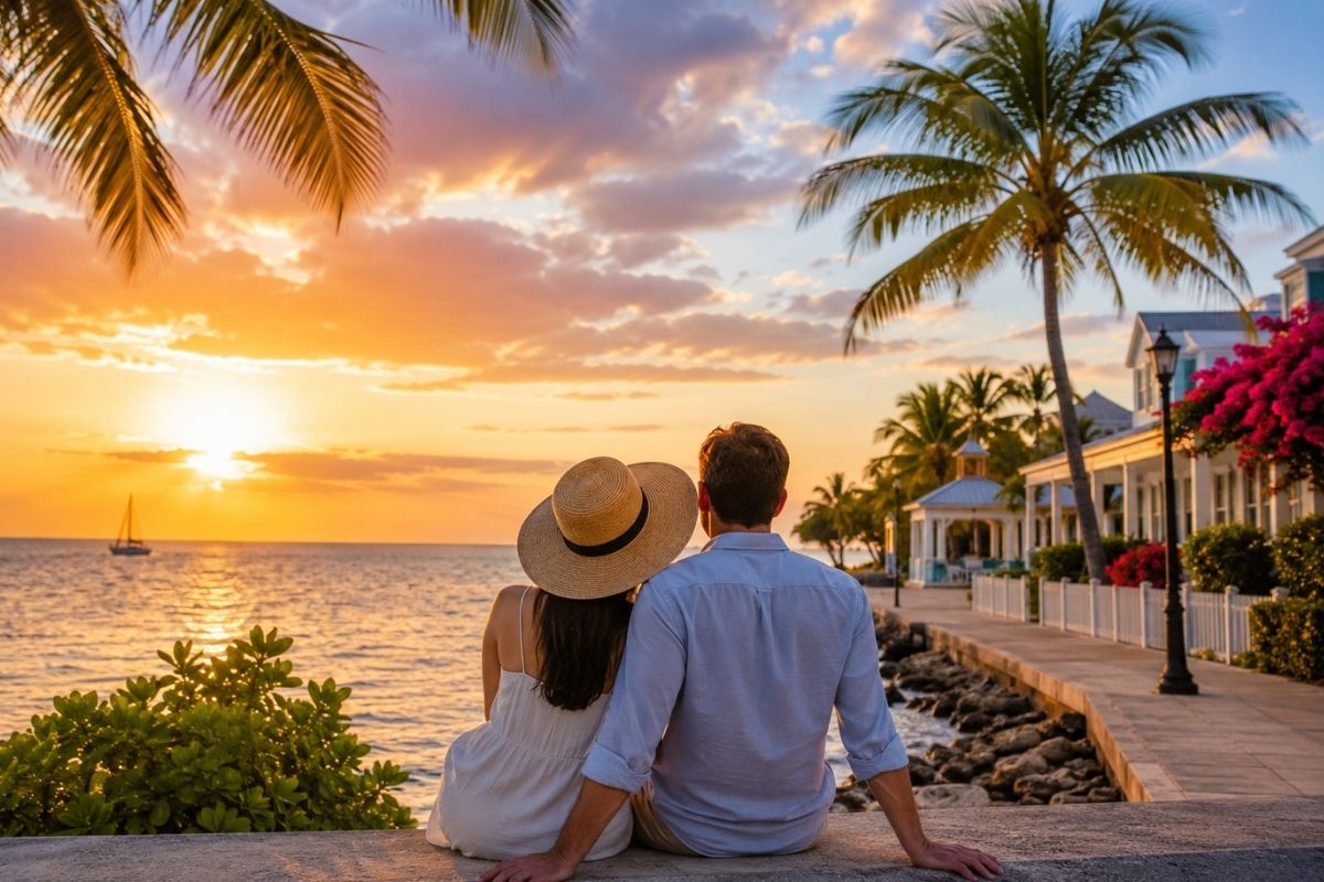 Couple watching a vibrant sunset by the water, one of the top things to do in key west for couples.