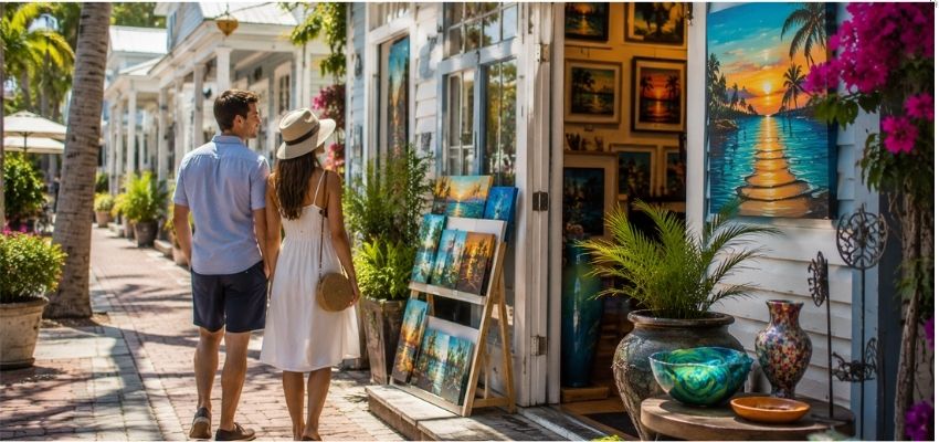 Couple strolling past art galleries and shops, enjoying popular things to do in key west for couples.