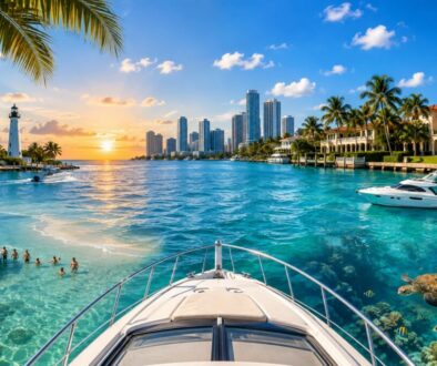 Luxury yacht cruising turquoise waters near a city skyline, one of the top south florida boating destinations.