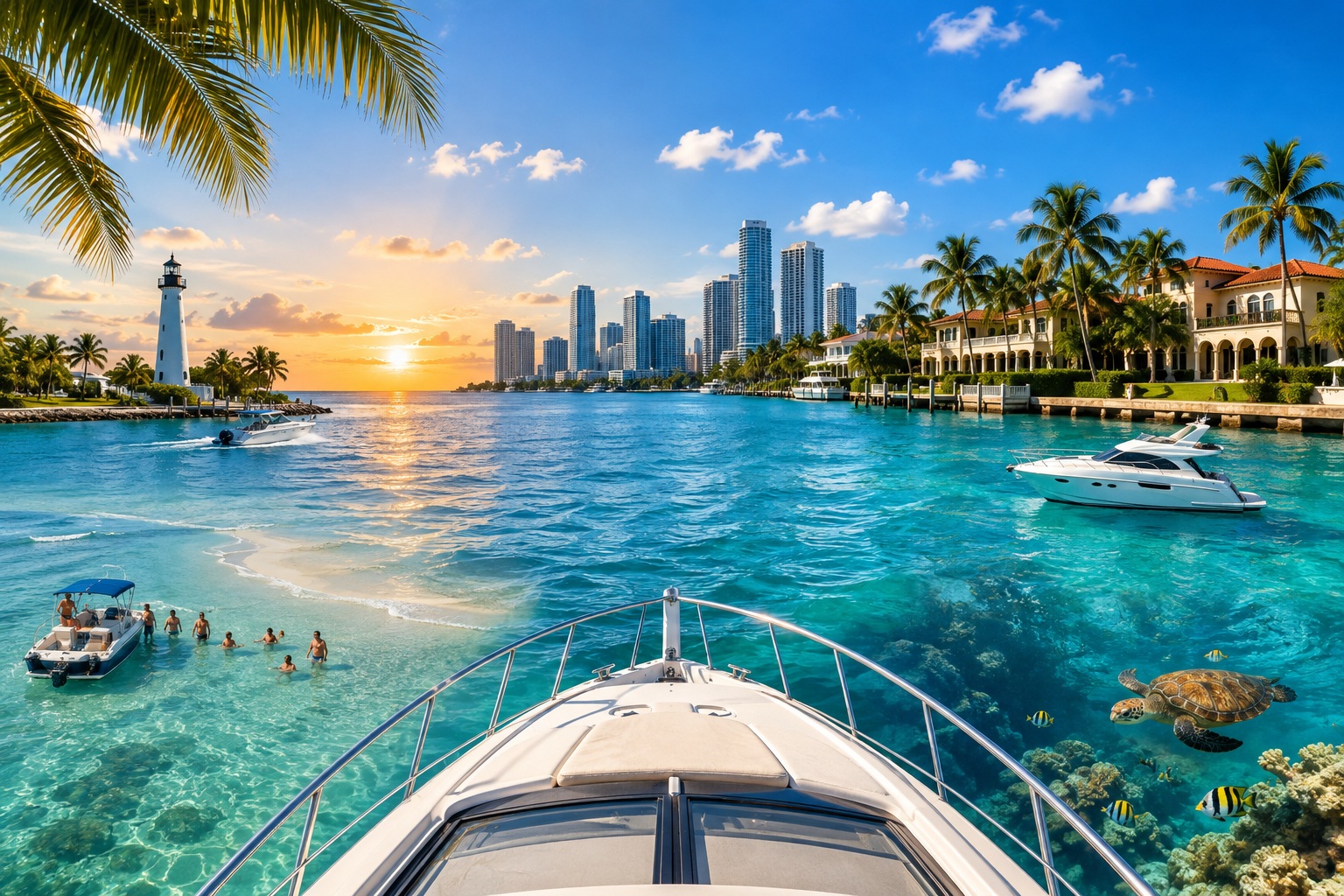 Luxury yacht cruising turquoise waters near a city skyline, one of the top south florida boating destinations.