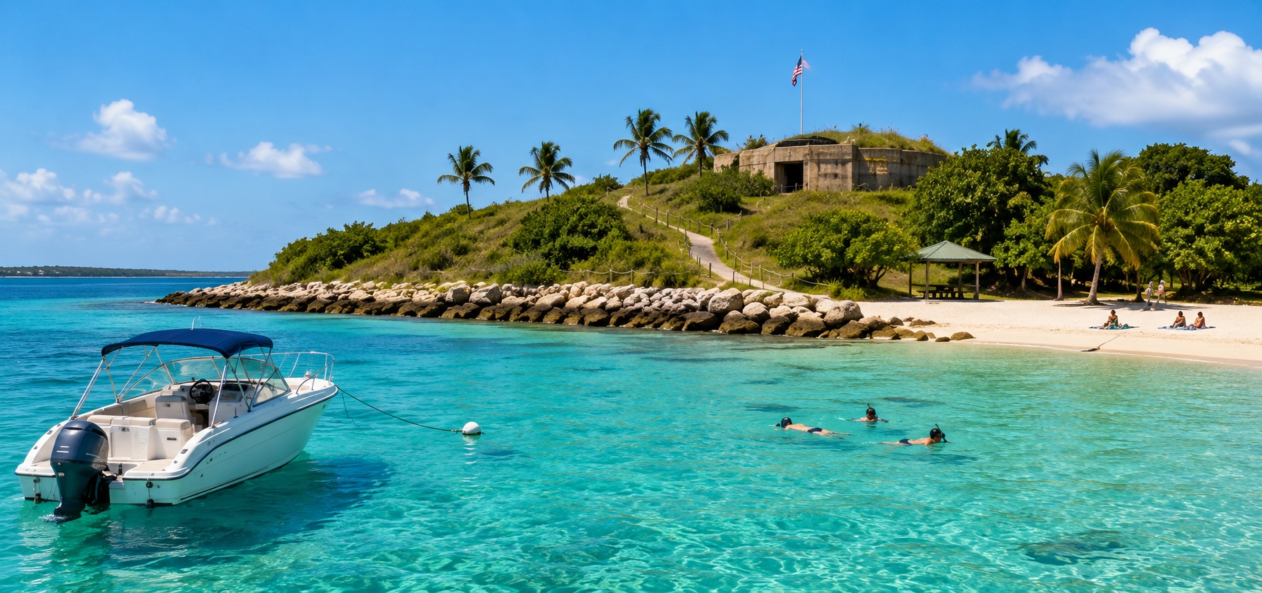 Boat anchored in clear waters by a tropical island, highlighting popular south florida boating destinations.