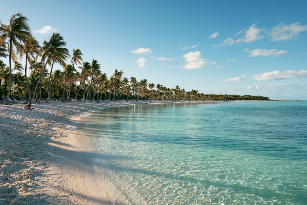 Palm-lined white sand beach with turquoise waters, a top contender for the warmest place in Florida.