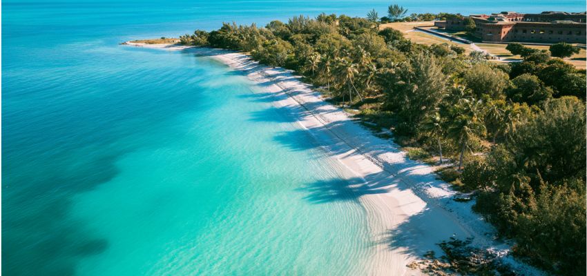 Aerial view of a tropical shoreline often ranked as the warmest place in Forida.