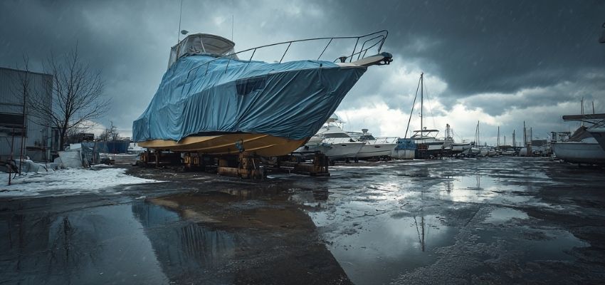 How to winterize a boat: large powerboat on stands in outdoor storage yard, fully covered with blue protective tarp during snowy winter conditions
