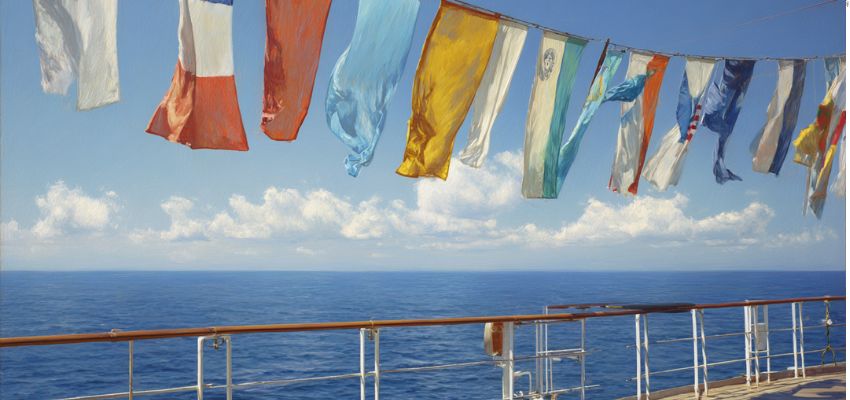 Close-up of nautical flags in a colorful array including white, red, orange, blue, yellow, green, and patterned designs hanging from a line across the deck railing of a large vessel, with the vast deep blue ocean and horizon visible in the background under a bright sky with scattered clouds.