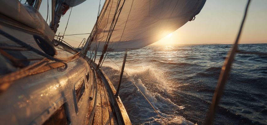 Close-up view from the deck of a sailboat showing white mainsail and jib billowing in the wind during golden hour sunset, highlighting different types of sails in action on the open water.