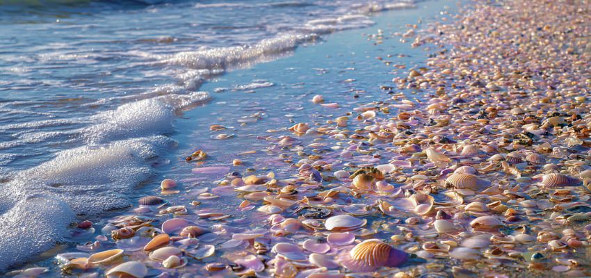 Sunlit shoreline covered in a dense layer of pastel pink, orange, and white seashells along the water's edge, with soft waves gently rolling in and creating foam, capturing the serene, shell-strewn beaches typical of Florida's Gulf Coast barrier islands like those fans might associate with Mako Island Florida