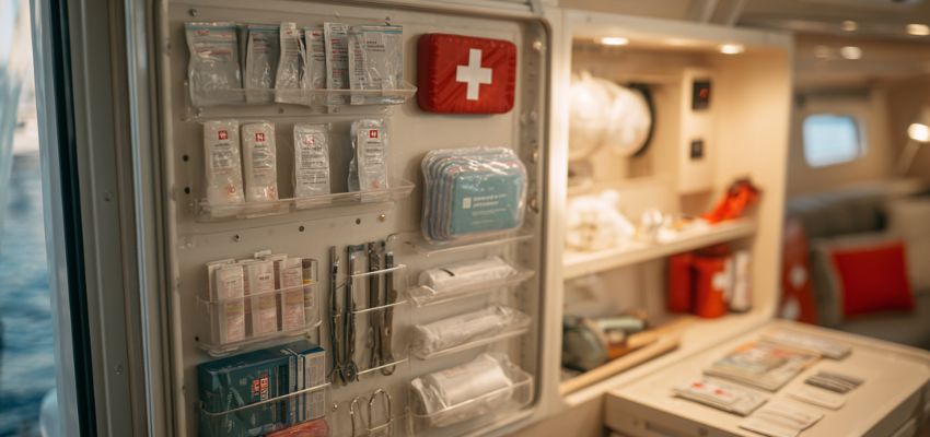 Well-organized onboard medical station featuring clear plastic compartments stocked with first aid supplies, bandages, medications, scissors, and a prominent red Swiss cross emergency kit, showcasing essential marine safety equipment mounted on the interior wall of a luxury yacht