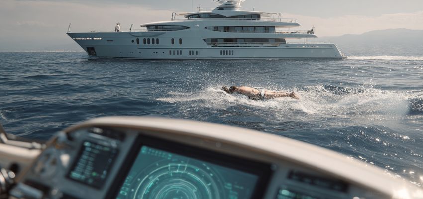 Person swimming energetically in the open ocean beside a massive white superyacht, with the vessel’s helm station and high-tech dashboard visible in the foreground, highlighting the importance of marine safety equipment such as life rings, MOB alerts, and communication systems on board