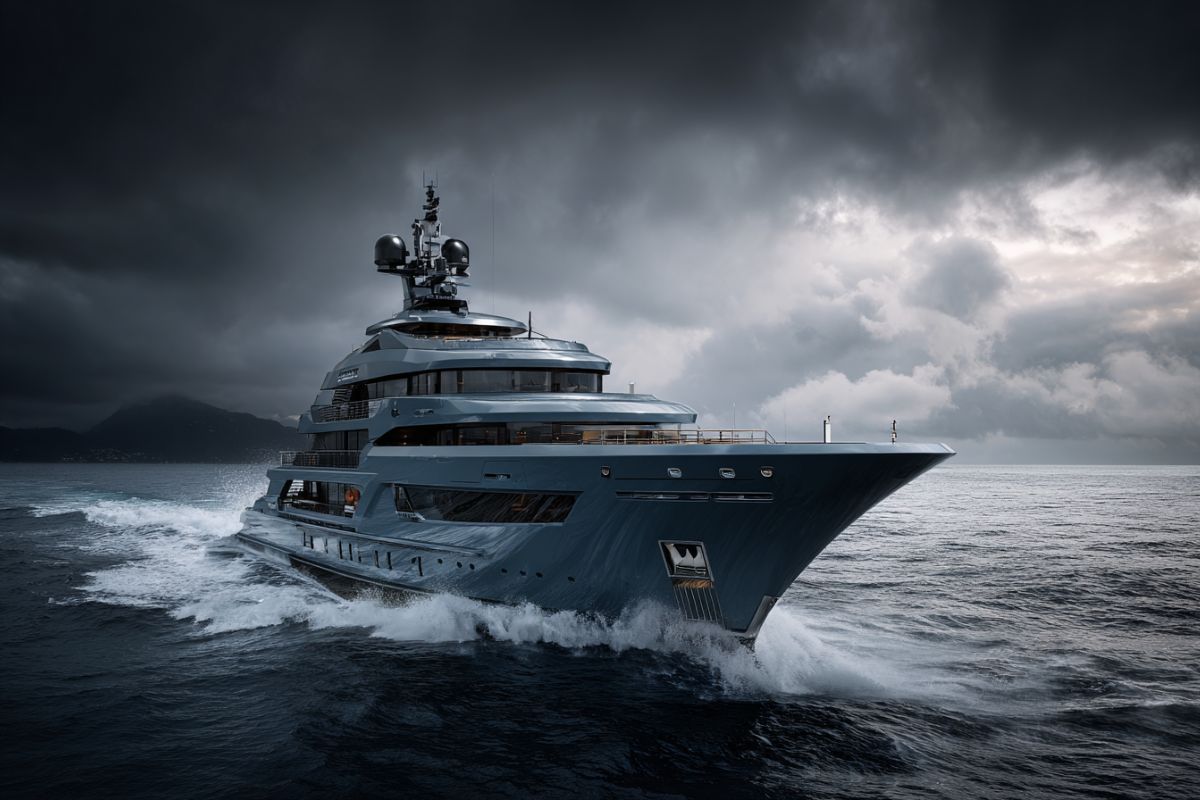 Powerful luxury motor yacht cutting through choppy dark waters under stormy skies, featuring a modern angular design with multiple decks and radar domes, illustrating the critical role of marine safety equipment including navigation systems, life rafts, EPIRBs, and weather monitoring tools for safe offshore operation