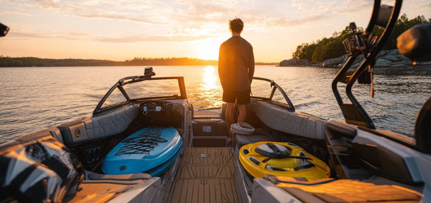 The man is standing on a runabout boat.