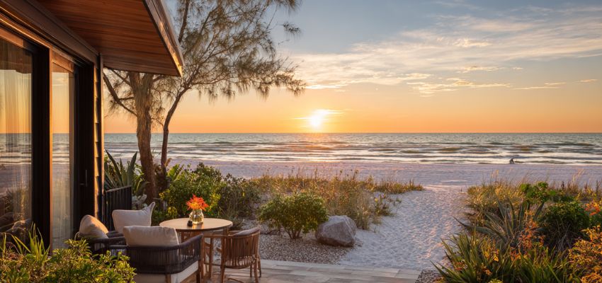 Serene beachfront sunset patio on Siesta Key, capturing a private outdoor seating area with wooden deck, modern lounge chairs, small round table with floral centerpiece, sliding glass doors, tropical plants, and golden hour view of the calm Gulf of Mexico with orange-pink sky and gentle waves on the white sand beach.