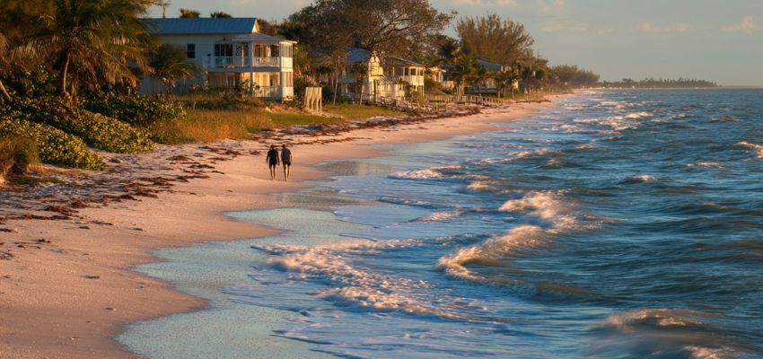 Couple walking along the shoreline at golden hour on Captiva Island beach, Florida