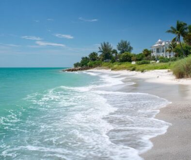 Turquoise waves washing onto the white sand beach with a beautiful home overlooking Captiva Island, Florida