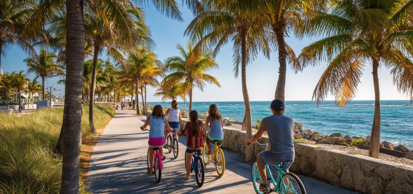 The kids hire bicycles and ride through the beach coast.