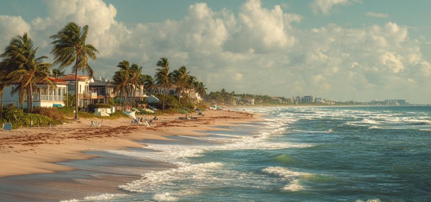 Delray Beach attractions featuring a scenic oceanfront beach with palm trees and coastal homes