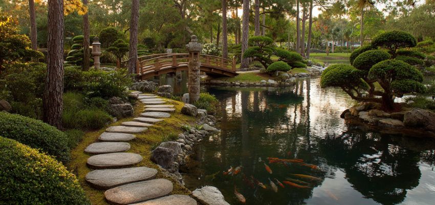 Delray Beach attractions showing a beautiful Japanese garden with koi pond and stone path
