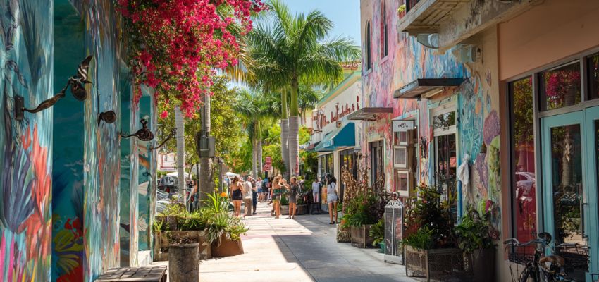 A street in Delray, where murals and sculptures can be seen.