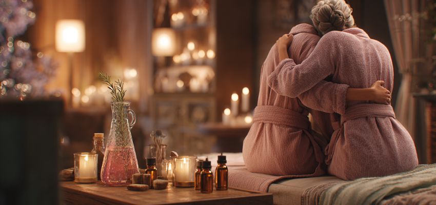 A romantic couple cuddles in cozy pink robes surrounded by candles and essential oils as part of winter date night ideas.