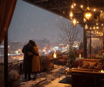 A couple embraces on a snowy rooftop terrace overlooking a glowing city while snow falls in this winter date night ideas scene.
