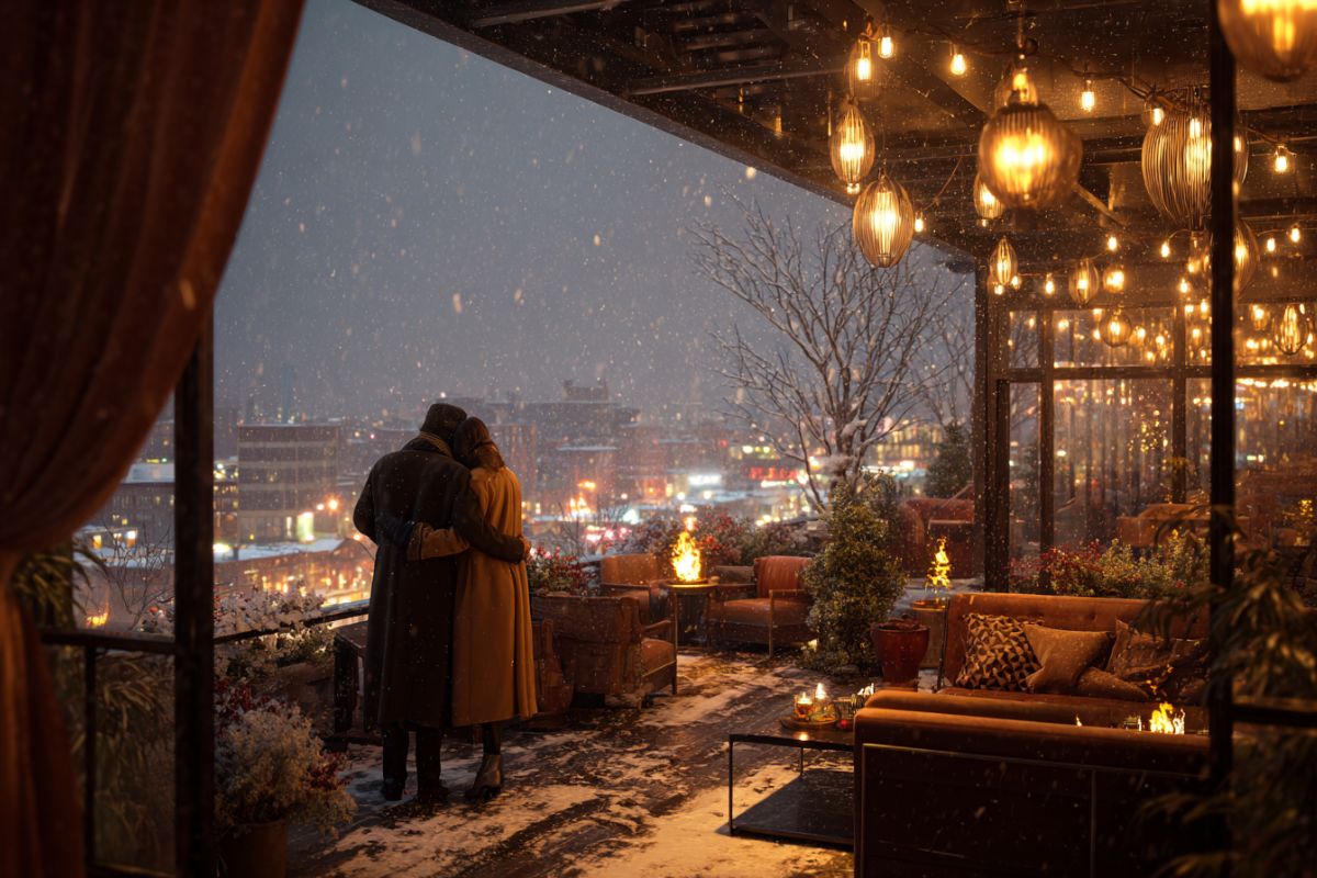 A couple embraces on a snowy rooftop terrace overlooking a glowing city while snow falls in this winter date night ideas scene.