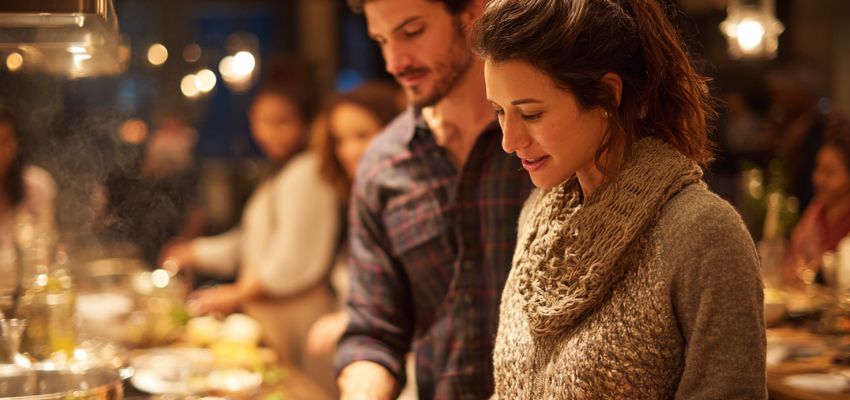 A smiling couple enjoys a warm dinner together at a festive table setting as one of the winter date night ideas.