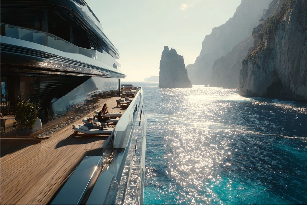 Stunning luxury superyacht cruising along dramatic coastal cliffs, showcasing the opulence of celebrity yachts on a bright sunny day.