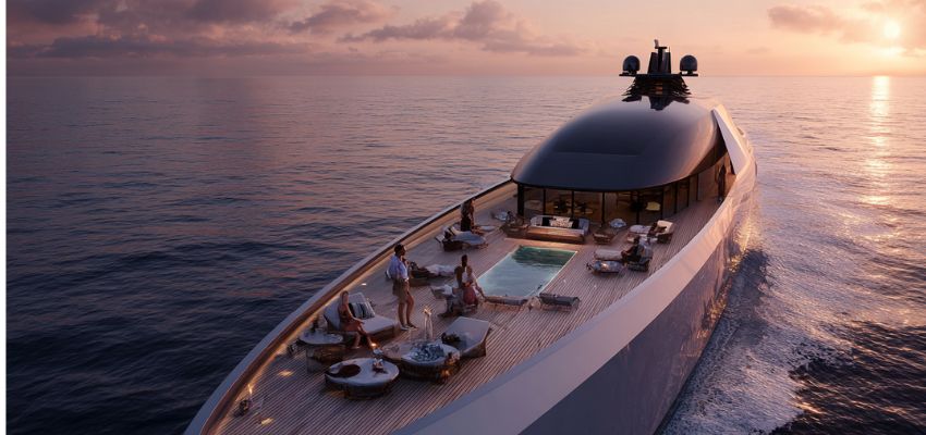 Aerial view of a massive modern superyacht with pool and guests at sunset, highlighting the lavish lifestyle aboard celebrity yachts.