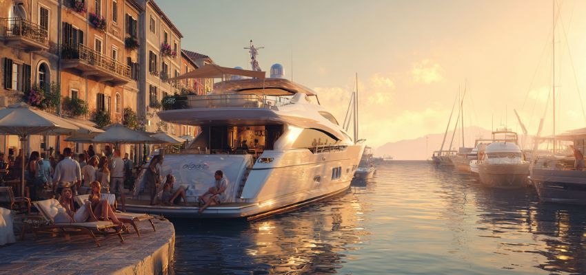 Elegant white luxury yacht docked in a scenic Mediterranean harbor at golden hour, representing the glamorous world of celebrity yachts.