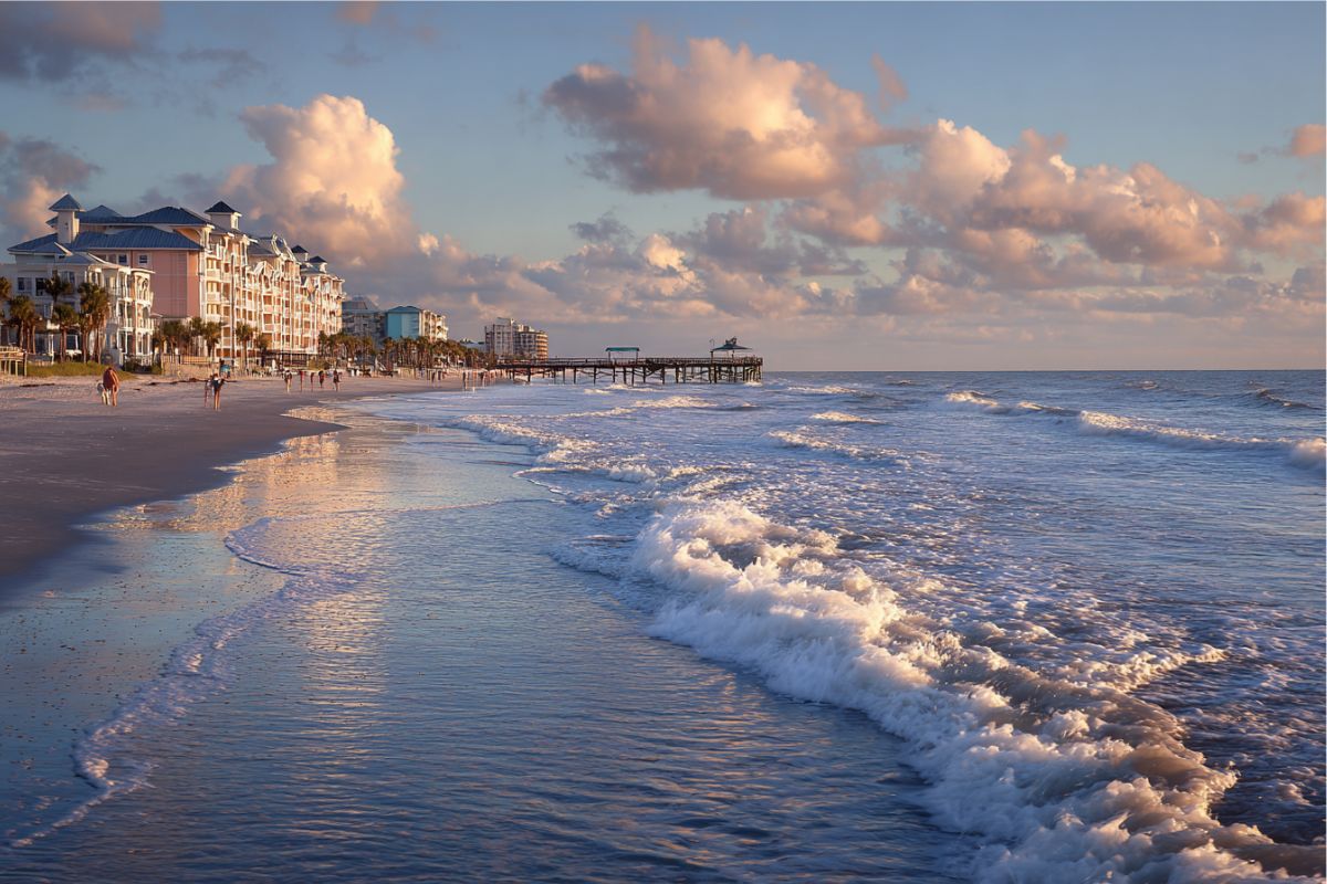 Beautiful sunset over the pier and beachfront hotels in Cocoa Beach