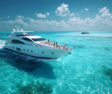 White luxury motor yacht cruising through turquoise waters, showing how much does it cost to rent a yacht
