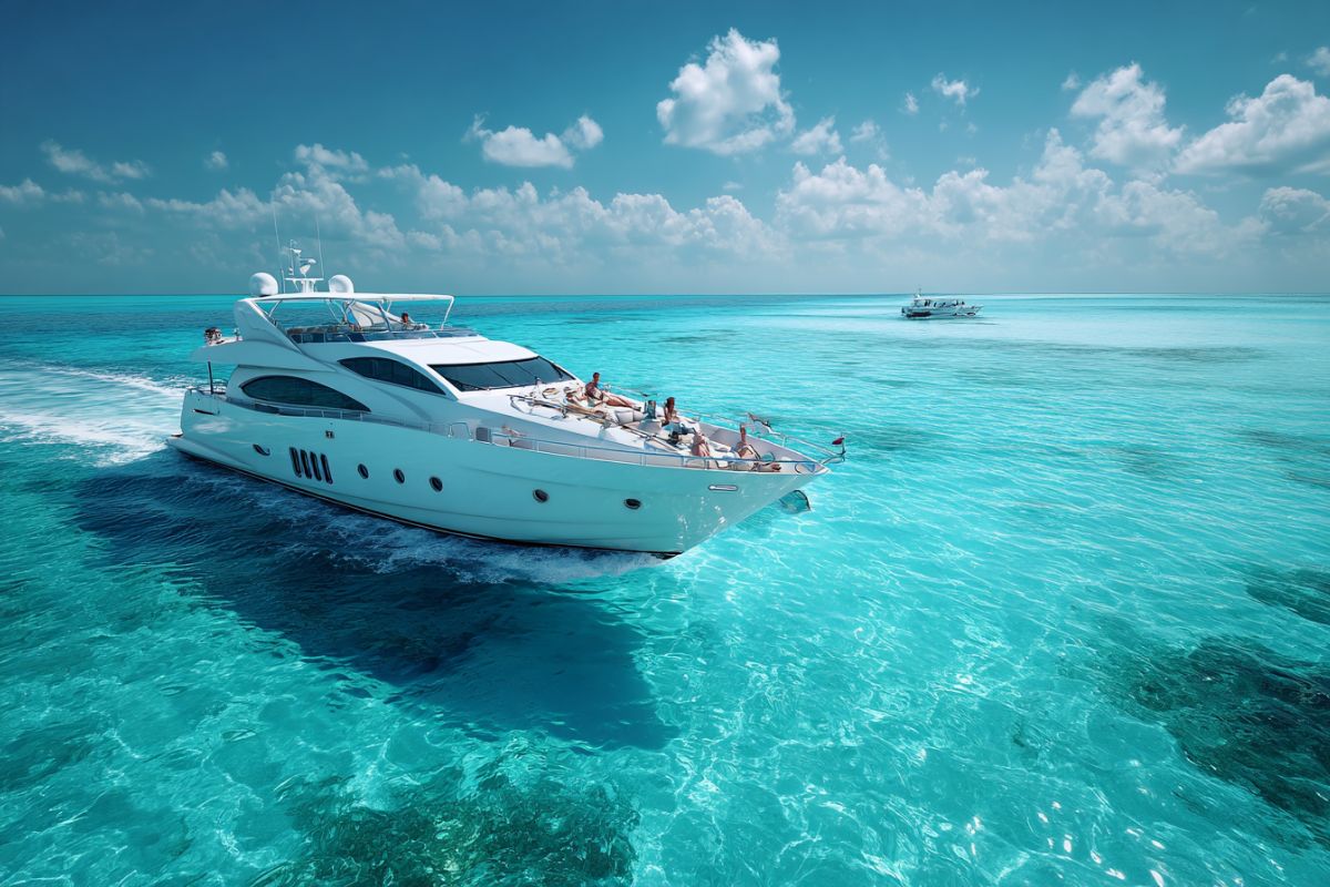 White luxury motor yacht cruising through turquoise waters, showing how much does it cost to rent a yacht