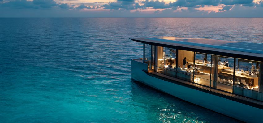 Elegant luxury yacht lit up at dusk on the open sea, illustrating how much does it cost to rent a yacht