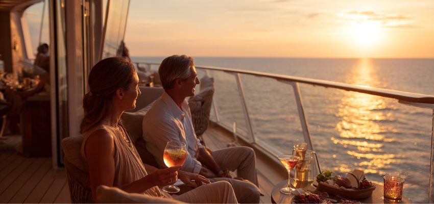 Elegant couple enjoying drinks on a cruise ship deck at sunset, the perfect moment in luxury cruising