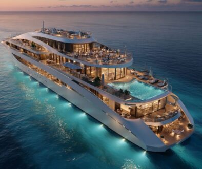 Stunning luxury superyacht lit up at twilight with pool and decks, epitome of luxury cruising