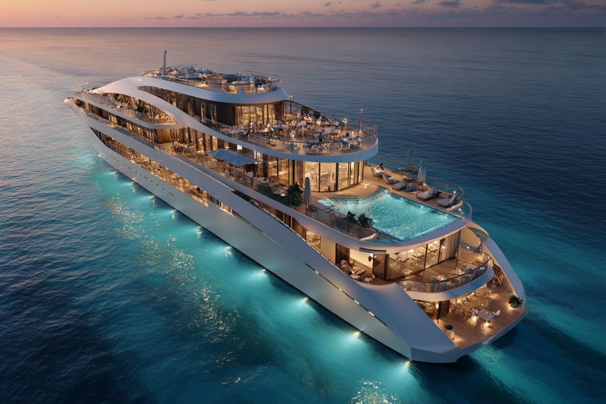 Stunning luxury superyacht lit up at twilight with pool and decks, epitome of luxury cruising