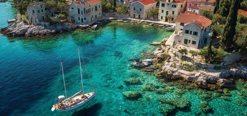 Luxury sailing yacht anchored in crystal-clear turquoise waters near a Mediterranean village, showcasing luxury cruising