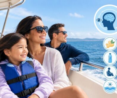 Happy family enjoying the view with tips on how to prevent seasickness on a boat.