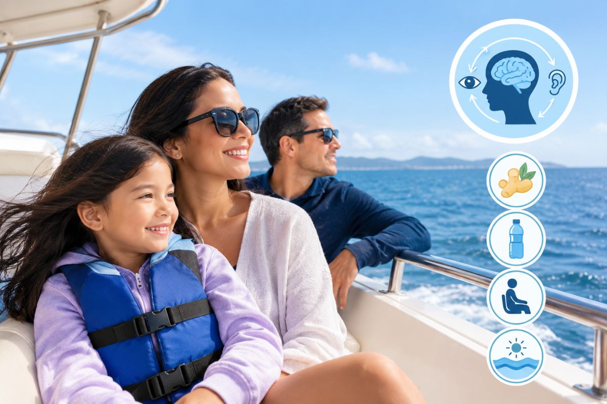 Happy family enjoying the view with tips on how to prevent seasickness on a boat.