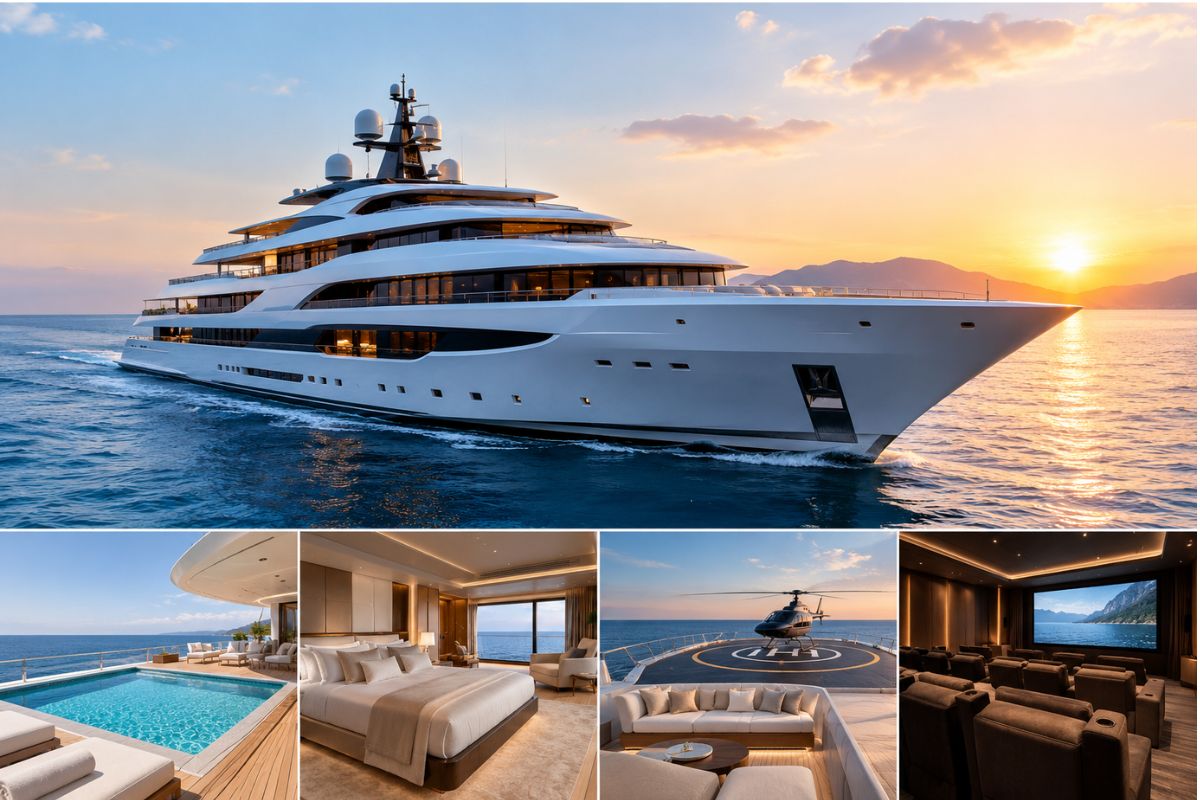 Grand multi-deck motor yacht at sunset with pool, helipad, and cinema features of a luxury superyacht.