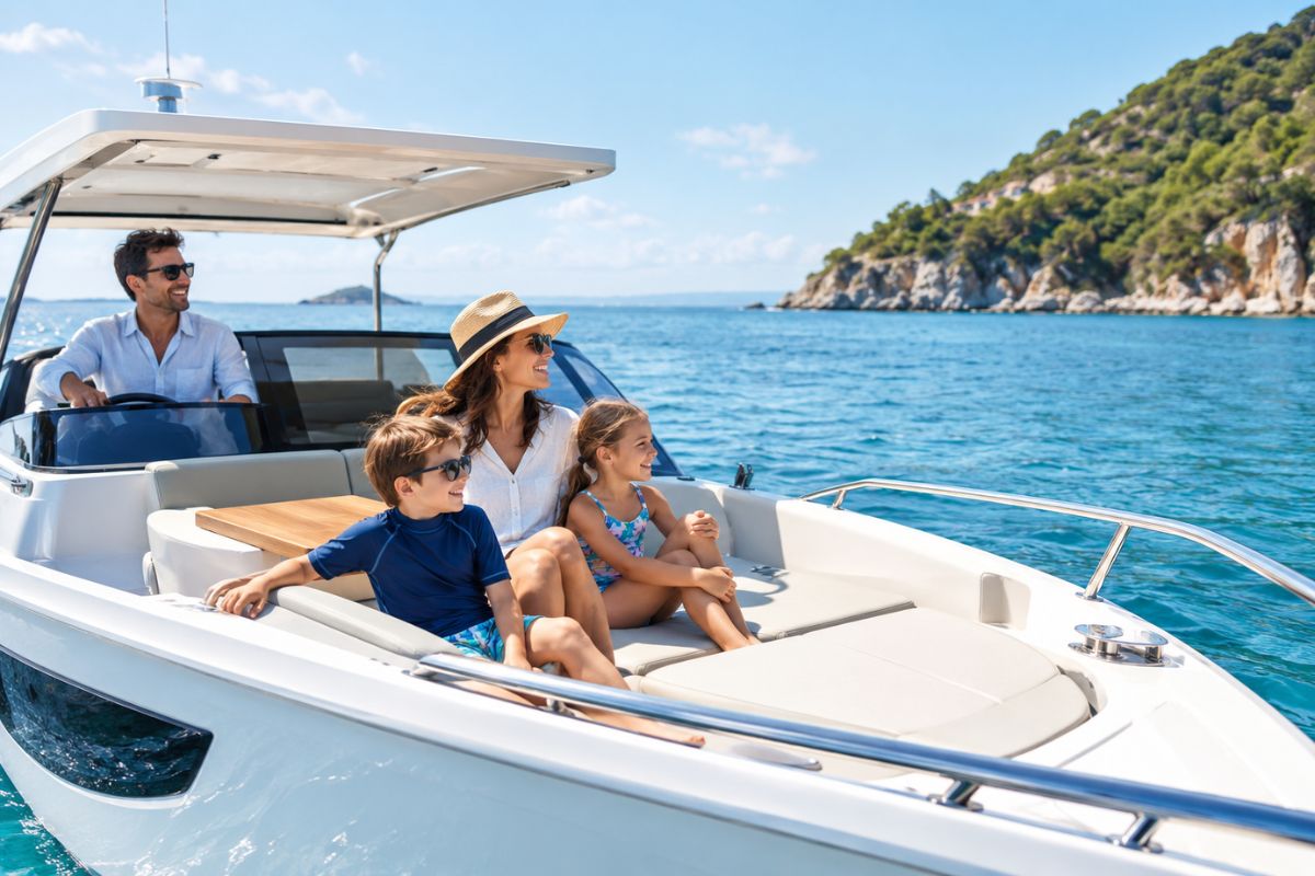 Happy family relaxing on the deck of a small yacht cruising coastal waters.