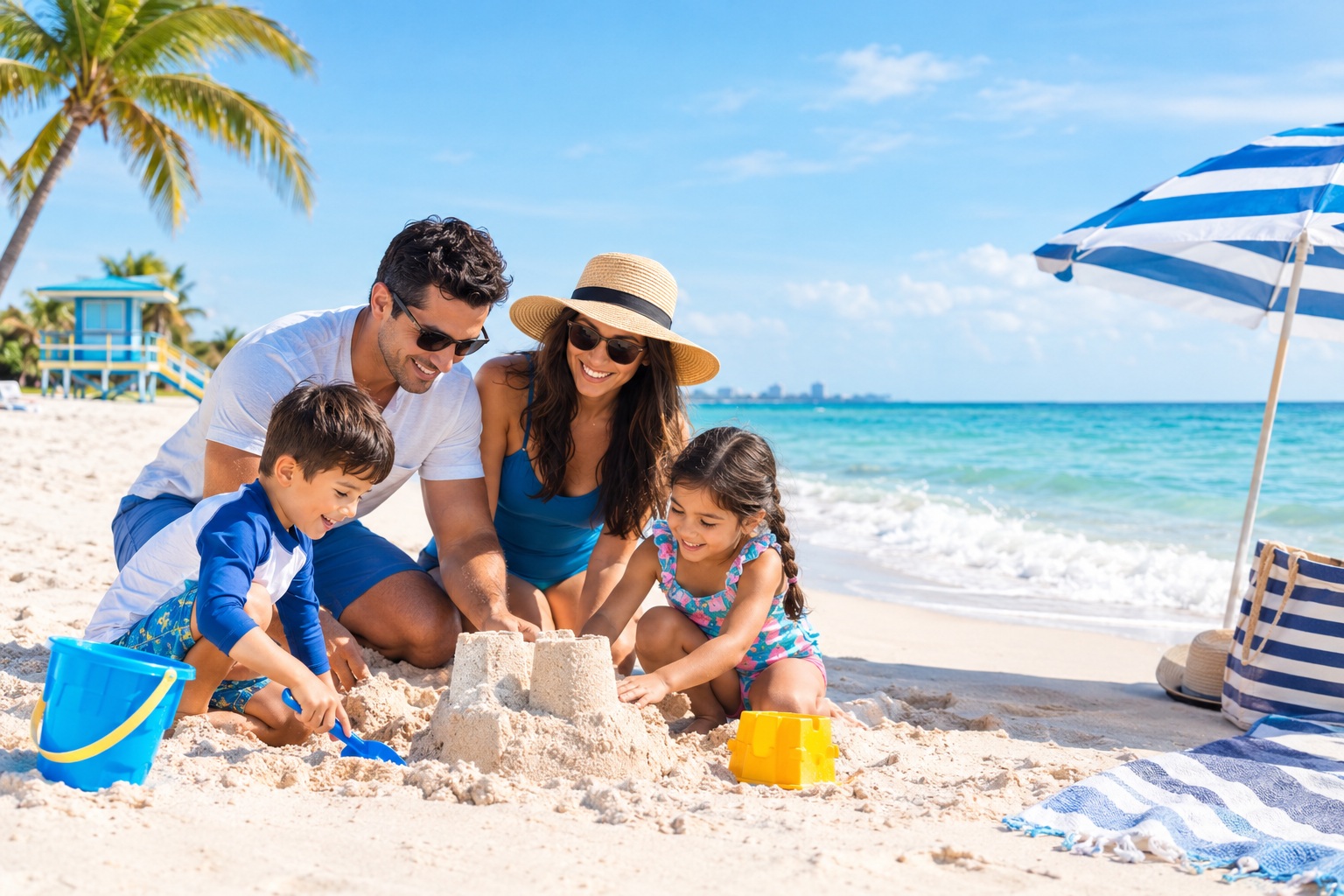 Family building a sandcastle together on one of the best family beaches in Florida.