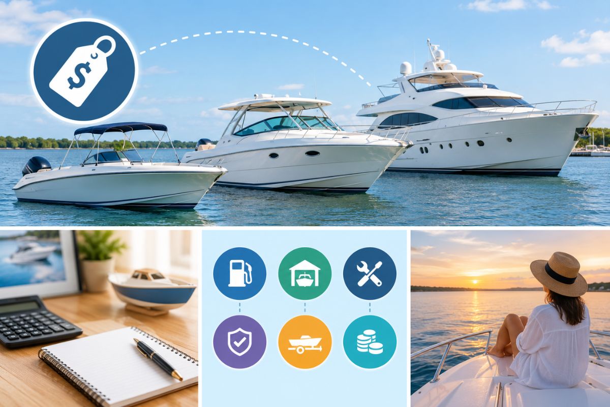 Boats of different sizes with ownership cost icons illustrating how much does a boat cost overall.