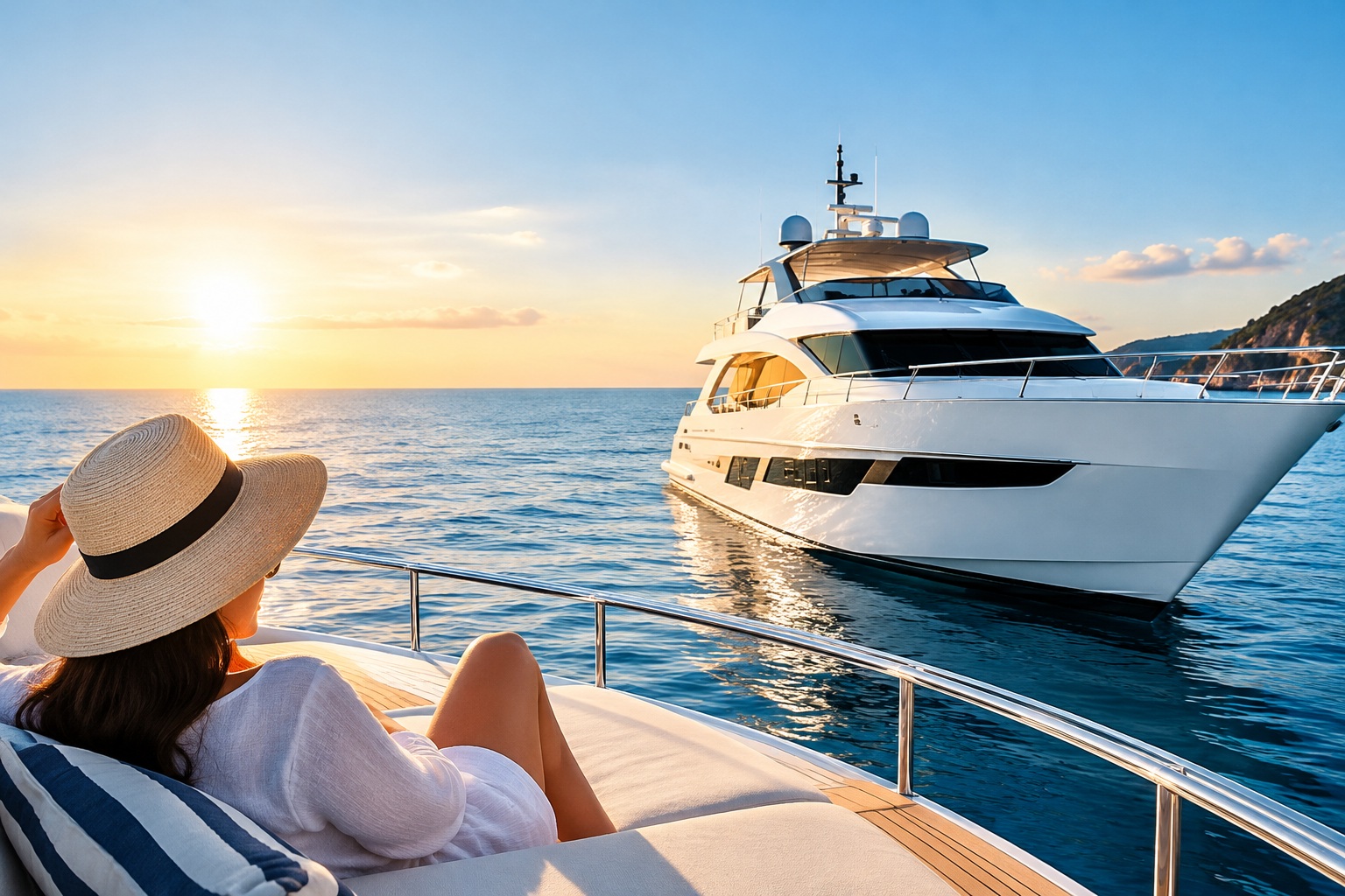 Woman relaxing on deck near a luxury vessel, illustrating what is a yacht in everyday use.
